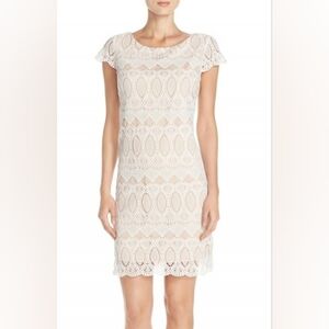 Eliza J Scalloped Lace Mini Dress Womens Size 8 White Tan Crochet Cocktail Party